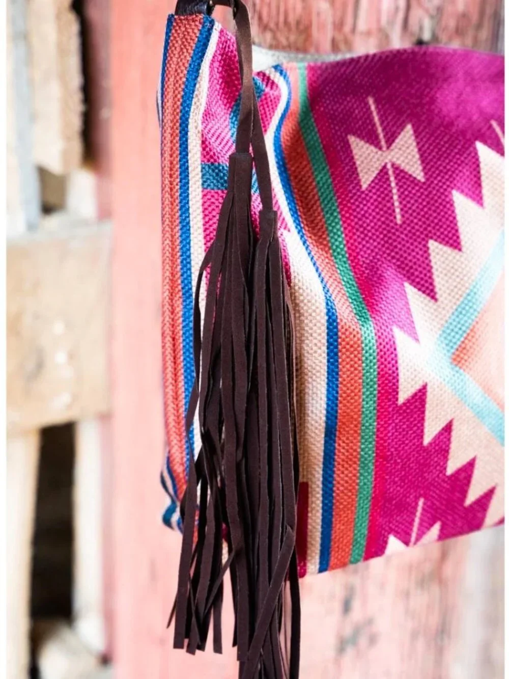 Southwestern Magenta Fringe Tote Bag Purse Faux Leather Western Aztec Canvas NWT